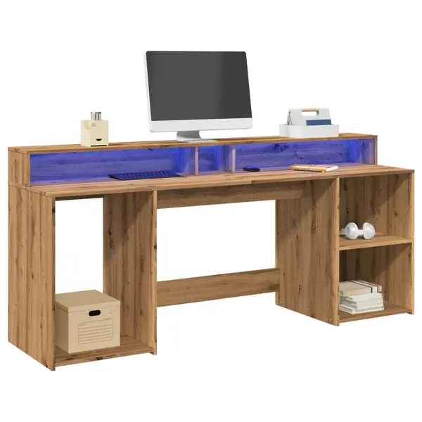 Gossi birou cu lumini led stejar artizanal 200x55x91cm lemn prelucrat