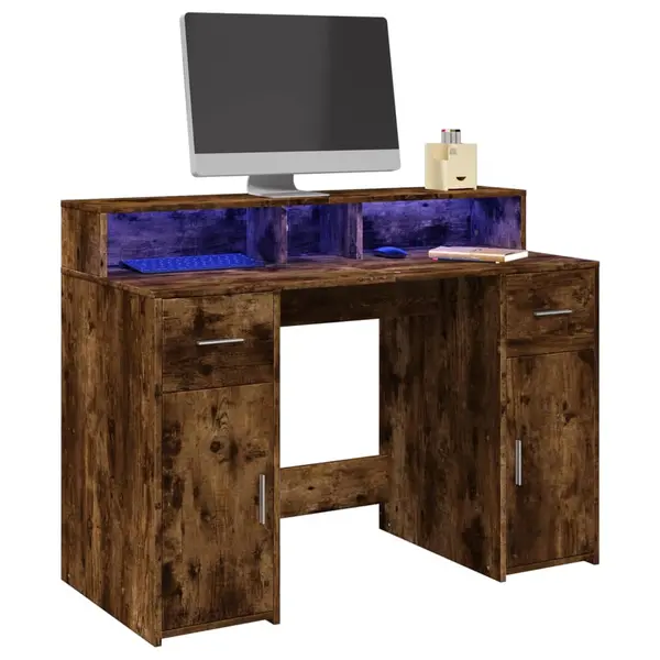 Gossi birou cu lumini led stejar fumuriu 120x55x91 cm lemn prelucrat