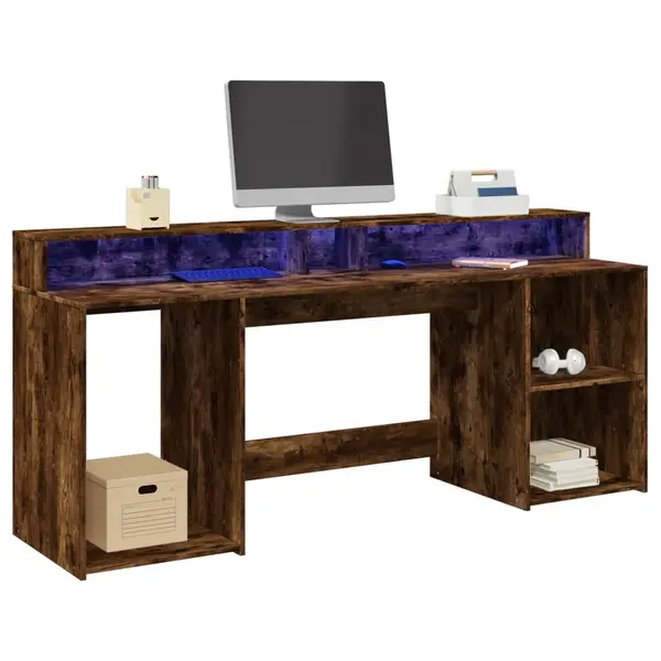 Gossi birou cu lumini led stejar fumuriu 200x55x91 cm lemn prelucrat