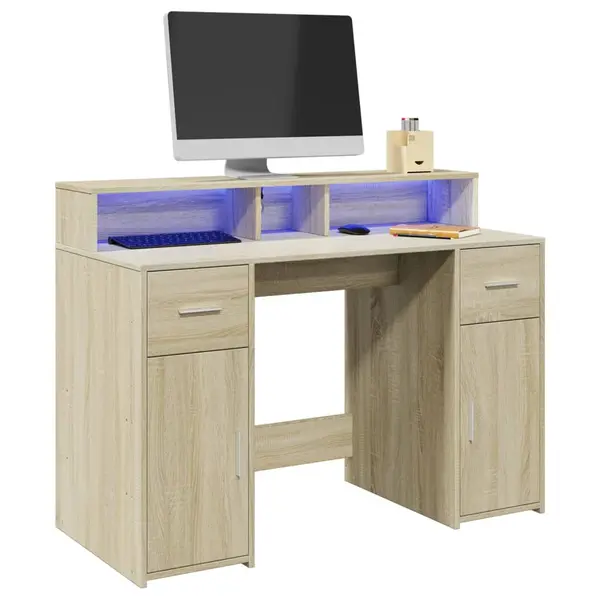 Gossi birou cu lumini led stejar sonoma, 120x55x91 cm, lemn prelucrat