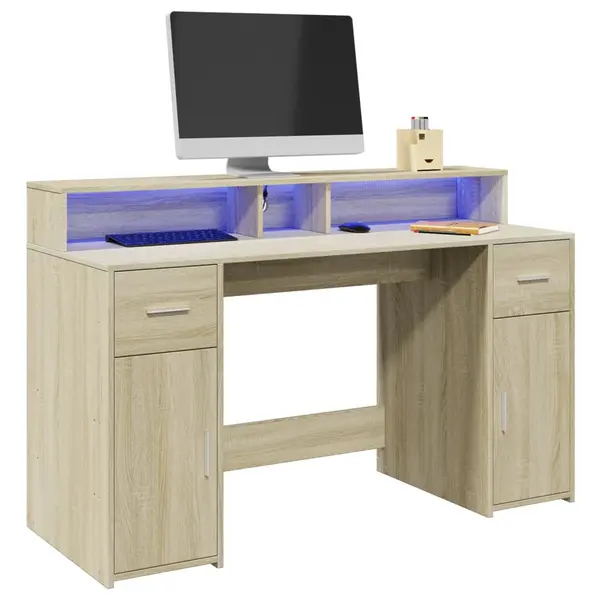 Gossi birou cu lumini led stejar sonoma, 140x55x91 cm, lemn prelucrat