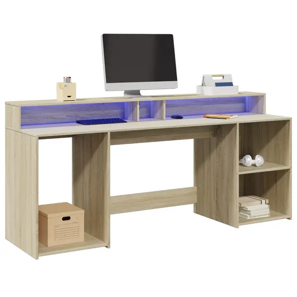 Gossi birou cu lumini led stejar sonoma, 200x55x91 cm, lemn prelucrat