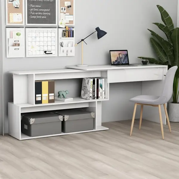 Gossi birou de colt, alb extralucios, 200x50x76 cm, lemn prelucrat