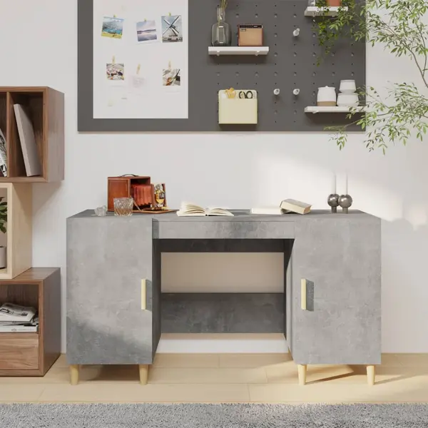 Gossi birou, gri beton, 140x50x75 cm, lemn compozit
