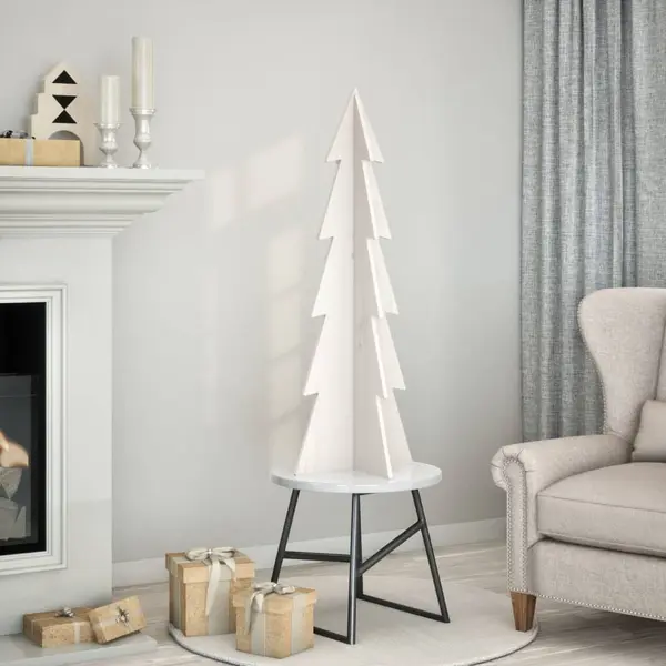 Gossi brad de craciun decorativ, alb, 112 cm, lemn de pin masiv