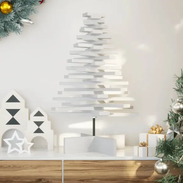 Gossi brad de craciun decorativ, alb, 80 cm, lemn de pin masiv