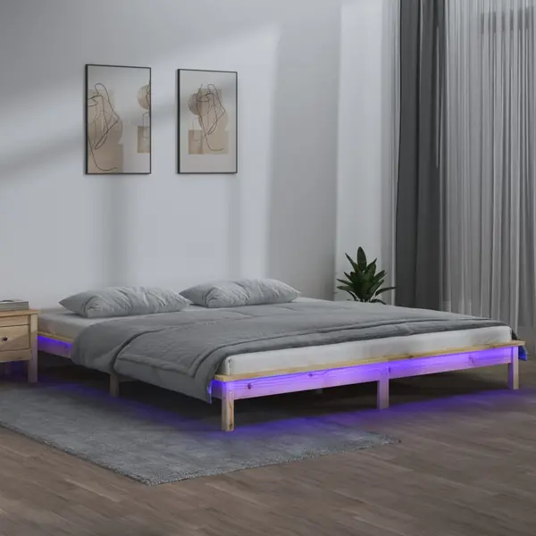 Gossi cadru de pat cu led, 200x200 cm, lemn masiv
