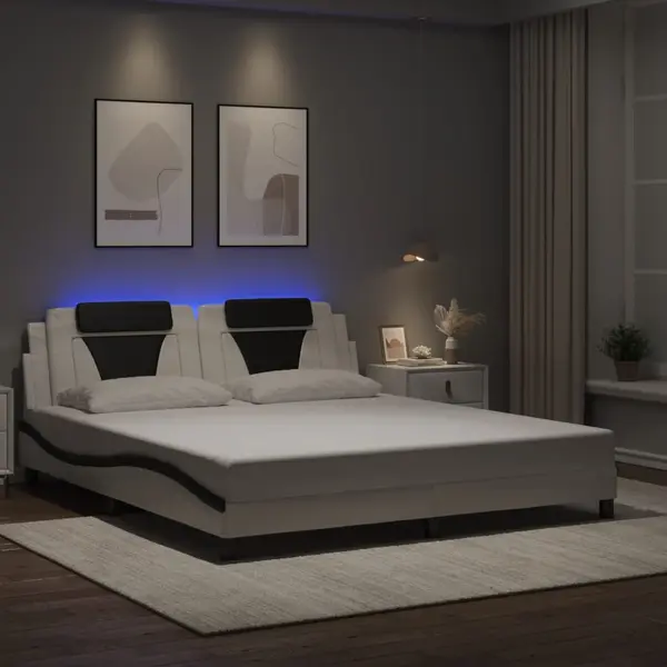 Gossi cadru de pat cu led, alb si negru, 180x200 cm, piele ecologica