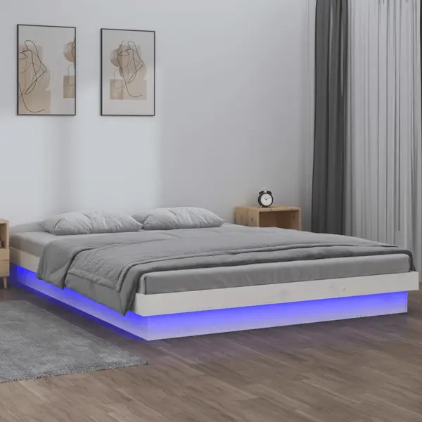 Gossi cadru de pat cu led, dublu, alb, 135x190 cm, lemn masiv