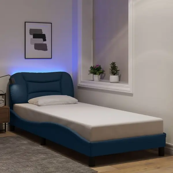 Gossi cadru de pat cu led fara saltea tesatura albastra 90x200 cm