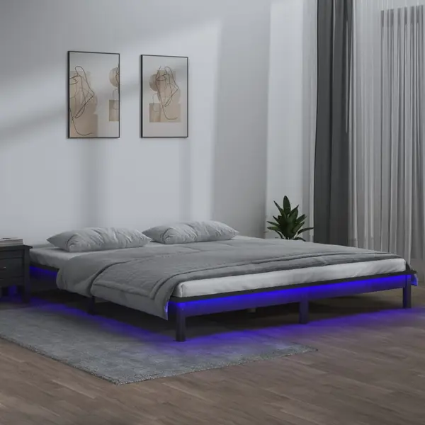 Gossi cadru de pat cu led mic dublu, gri, 120x190 cm, lemn masiv