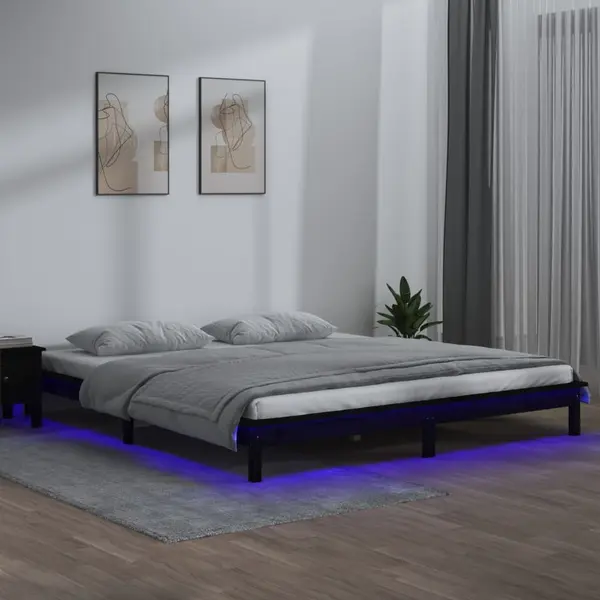 Gossi cadru de pat cu led mic dublu, negru, 120x190cm, lemn masiv