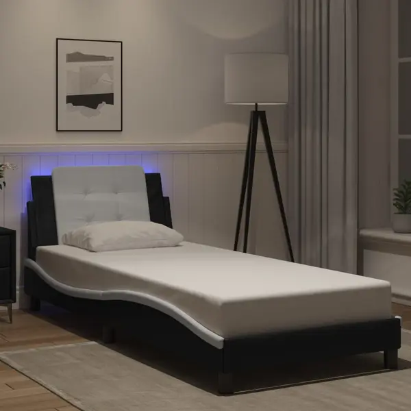 Gossi cadru de pat cu led, negru si alb, 100x200 cm, piele ecologica