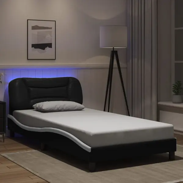 Gossi cadru de pat cu led, negru si alb, 100x200 cm, piele ecologica