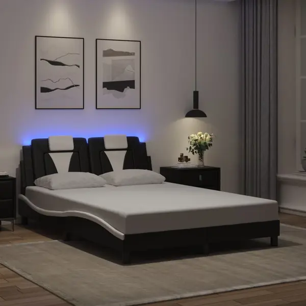 Gossi cadru de pat cu led, negru si alb, 140x200 cm, piele ecologica