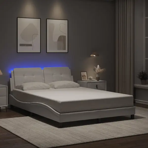 Gossi cadru de pat cu lumini led, alb, 120x200 cm, piele ecologica