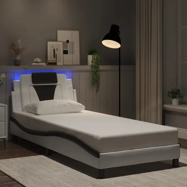 Gossi cadru de pat cu lumini led alb/negru 90x190 cm piele ecologica