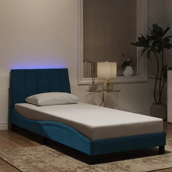 Gossi cadru de pat cu lumini led, albastru, 90x200 cm, catifea