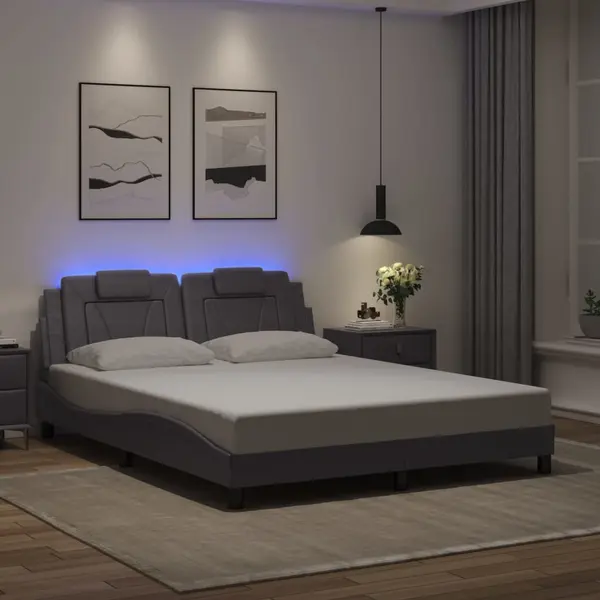 Gossi cadru de pat cu lumini led, gri, 160x200 cm, piele ecologica