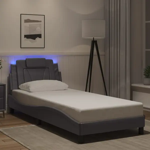 Gossi cadru de pat cu lumini led, gri, 90x190 cm, piele ecologica