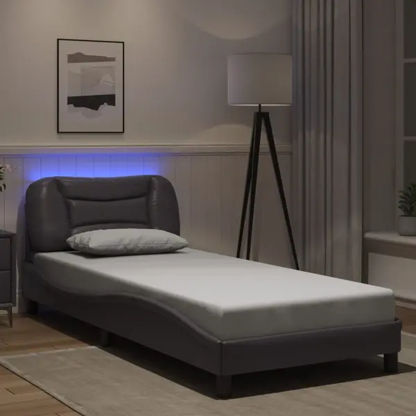 Gossi cadru de pat cu lumini led, gri, 90x200 cm, piele ecologica
