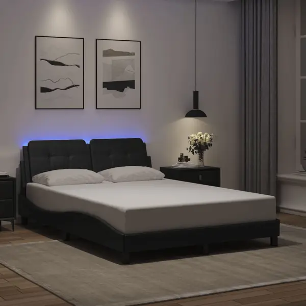Gossi cadru de pat cu lumini led, negru, 140x200 cm, piele ecologica