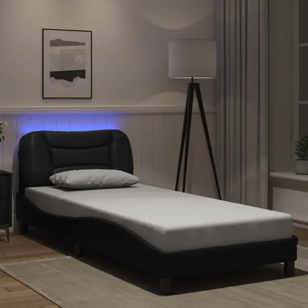 Gossi cadru de pat cu lumini led, negru, 90x190 cm, piele ecologica
