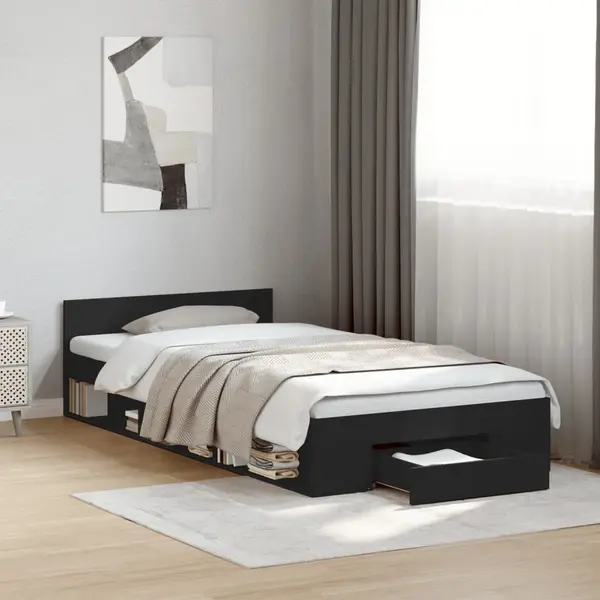 Gossi cadru de pat cu sertar, negru, 90x190 cm, lemn prelucrat