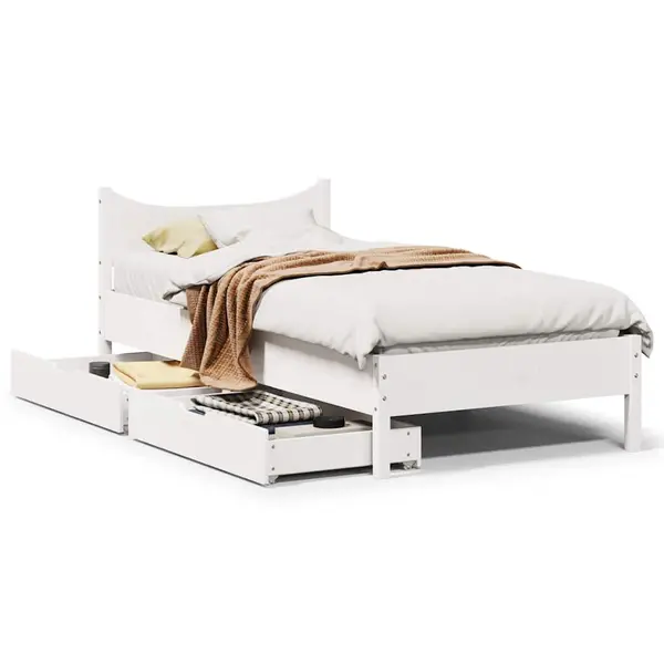 Gossi cadru de pat cu sertare, alb, 75x190 cm, lemn masiv de pin