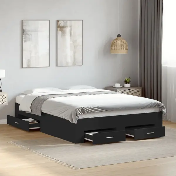 Gossi cadru de pat cu sertare, negru, 135x190 cm, lemn prelucrat