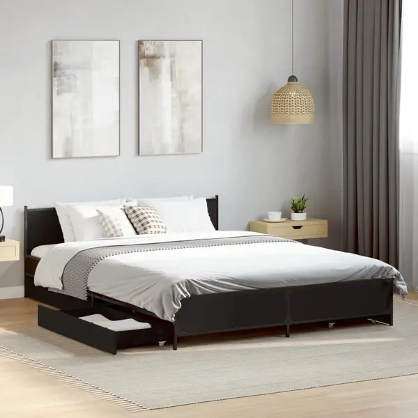 Gossi cadru de pat cu sertare, negru, 135x190 cm, lemn prelucrat
