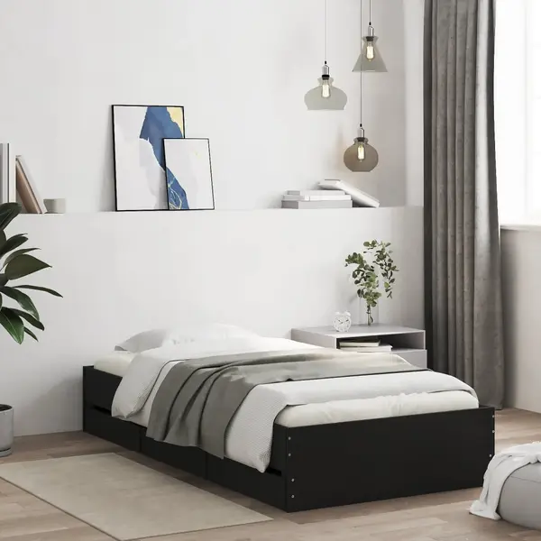 Gossi cadru de pat cu sertare, negru, 75x190 cm, lemn prelucrat