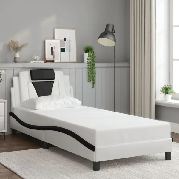 Gossi cadru de pat cu tablie, alb si negru, 90x200 cm piele ecologica