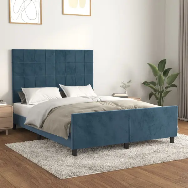Gossi cadru de pat cu tablie, albastru inchis, 140x190 cm, catifea