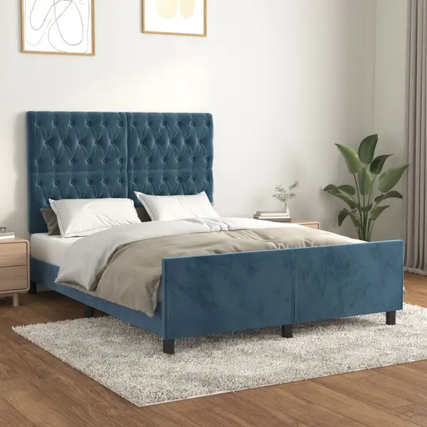 Gossi cadru de pat cu tablie, albastru inchis, 140x190 cm, catifea