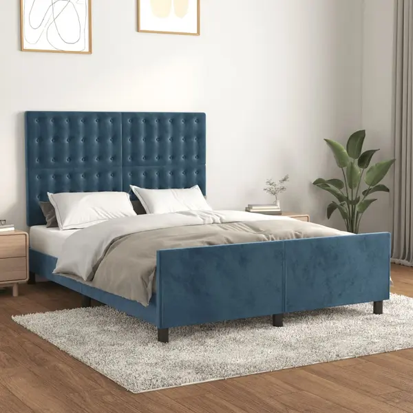Gossi cadru de pat cu tablie, albastru inchis, 140x190 cm, catifea