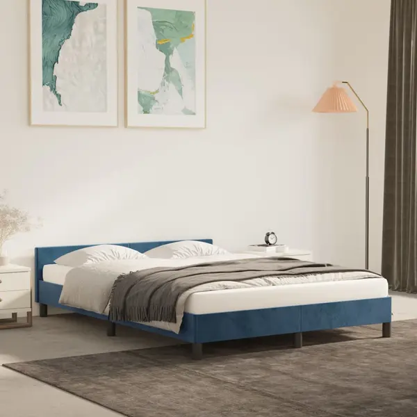 Gossi cadru de pat cu tablie, albastru inchis, 140x200 cm, catifea