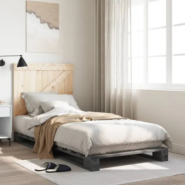 Gossi cadru de pat cu tablie, gri, 90x200 cm, lemn masiv de pin