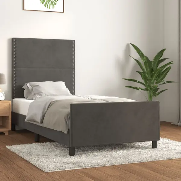Gossi cadru de pat cu tablie, gri inchis, 90x190 cm, catifea
