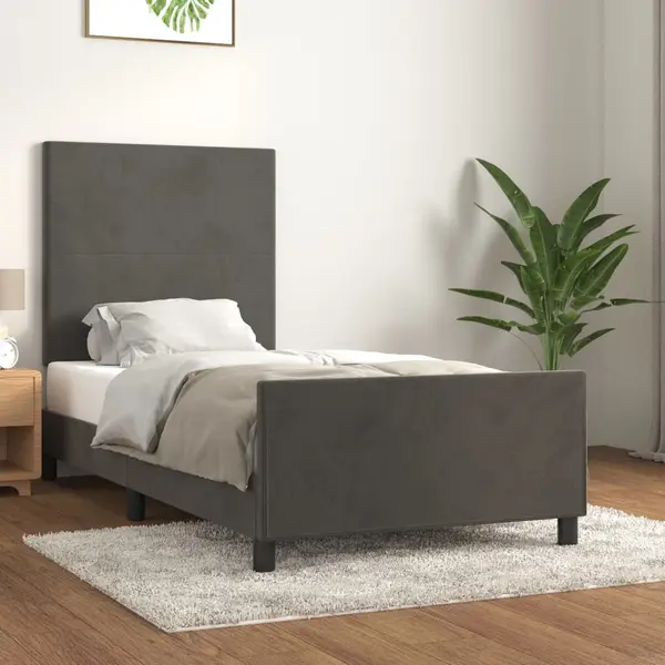 Gossi cadru de pat cu tablie, gri inchis, 90x190 cm, catifea