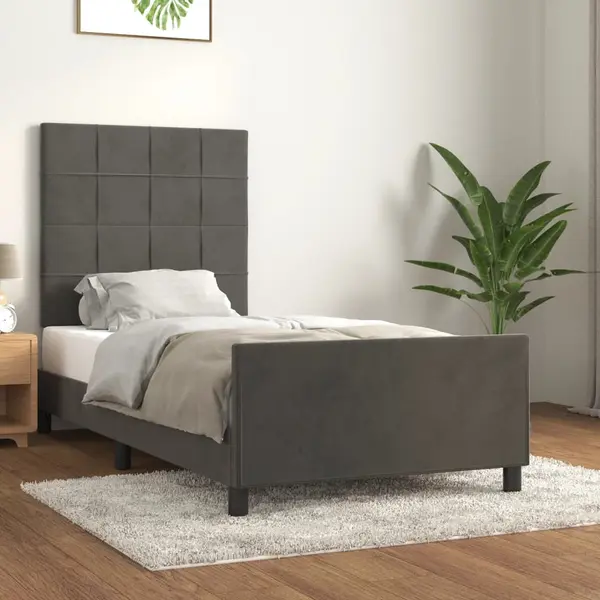 Gossi cadru de pat cu tablie, gri inchis, 90x190 cm, catifea