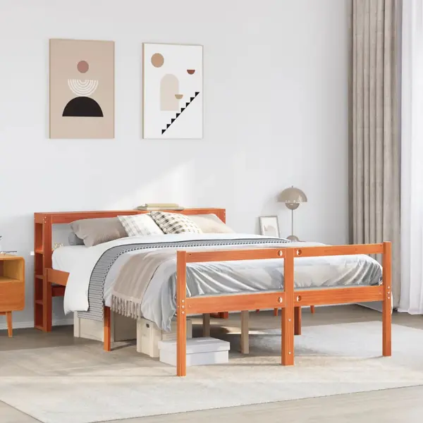 Gossi cadru de pat cu tablie, maro ceruit, 135x190 cm, lemn masiv pin