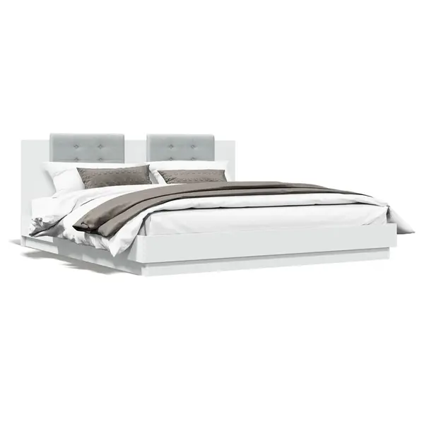 Gossi cadru de pat cu tablie si lumini led, alb, 160x200 cm