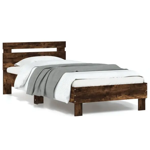 Gossi cadru de pat cu tablie si lumini led, stejar fumuriu, 90x190 cm