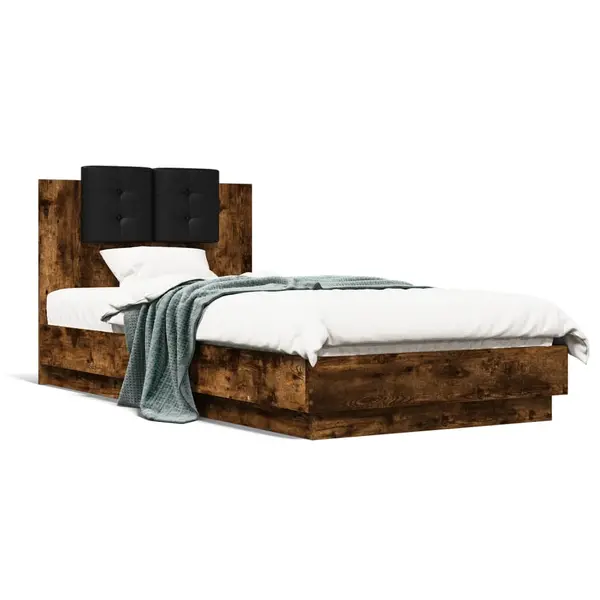 Gossi cadru de pat cu tablie si lumini led, stejar fumuriu, 90x190 cm