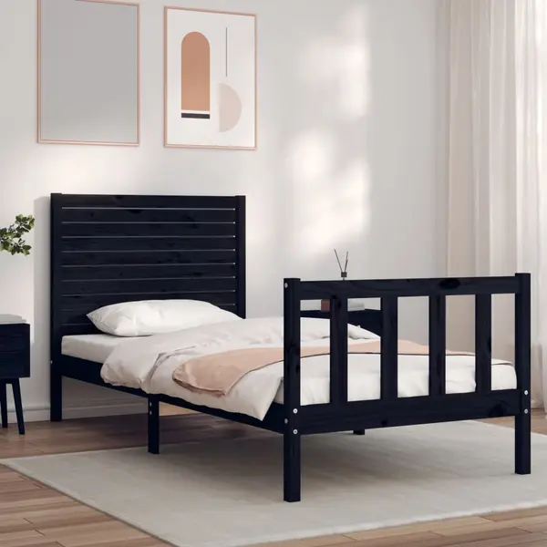 Gossi cadru de pat cu tablie small single, negru, lemn masiv