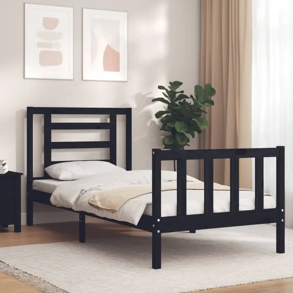 Gossi cadru de pat cu tablie small single, negru, lemn masiv