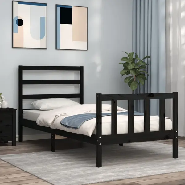 Gossi cadru de pat cu tablie small single, negru, lemn masiv