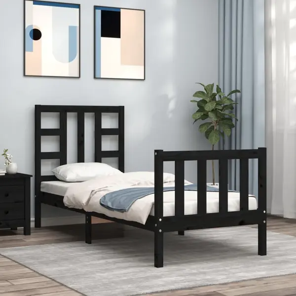 Gossi cadru de pat cu tablie small single, negru, lemn masiv