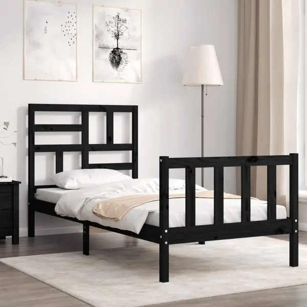Gossi cadru de pat cu tablie small single, negru, lemn masiv